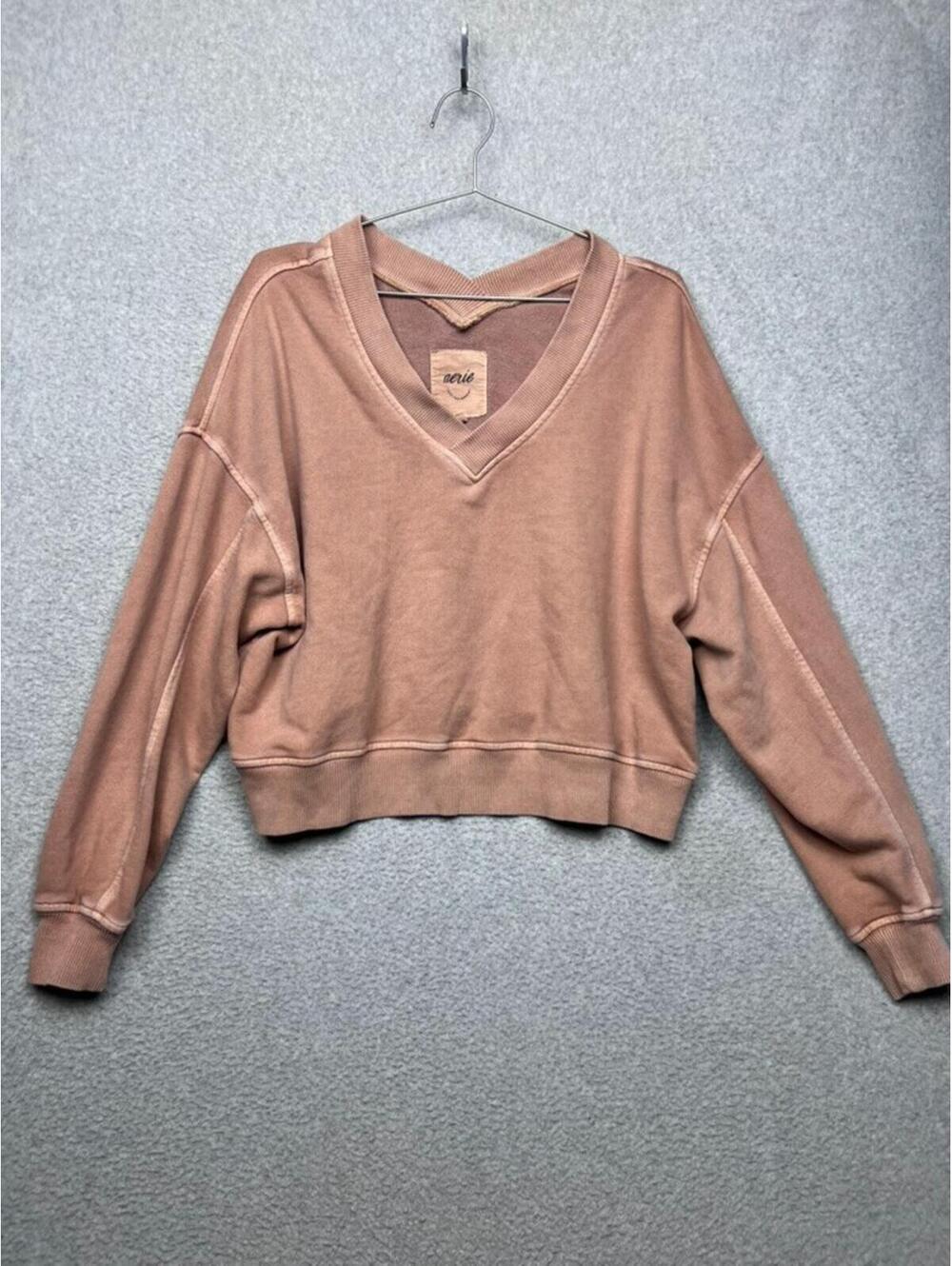 Aerie House Party Sweatshirt S Brown V-Neck Oversized Cropped Slouchy Cozy Boho